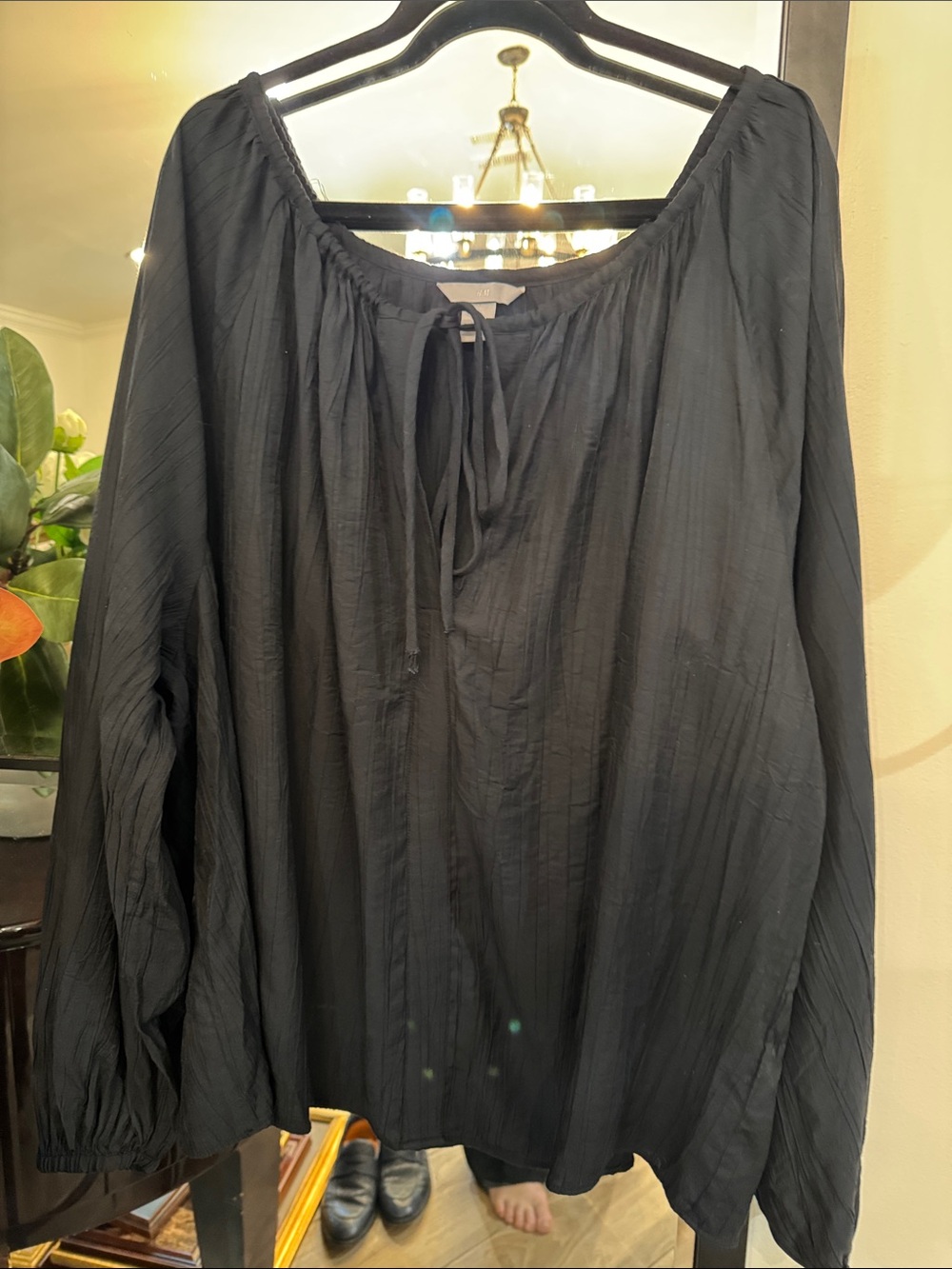 H&M Black Peasant Tunic Top with Tie Neck